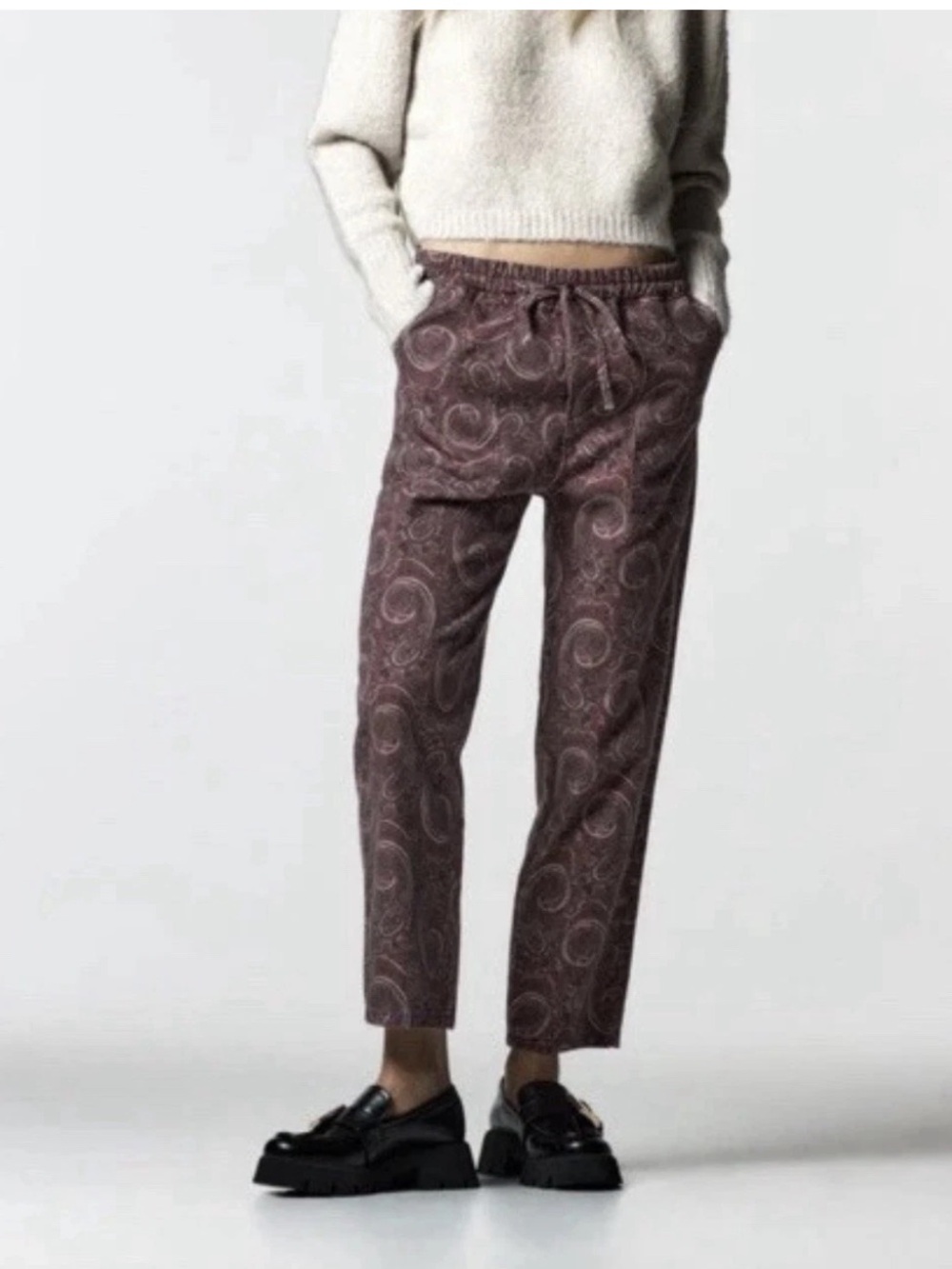 Zara Paisley Drawstring Elastic-Waist Cropped Pants - Pull Up Jeans
